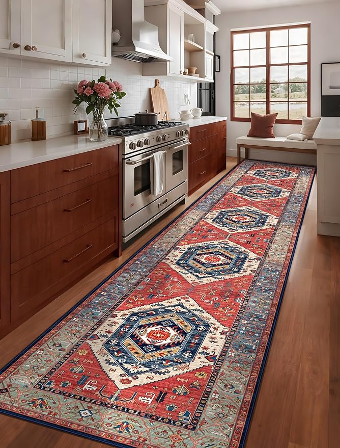 SERISSA 3x14 Washable Non Slip Boho Runner Rug for Hallway，Rust | Ultra Soft Vintage Oriental Carpet Low-Pile Extra Long Tribal Floor Carpet for Stair Kitchen Bedroom Bathroom Laundry Room