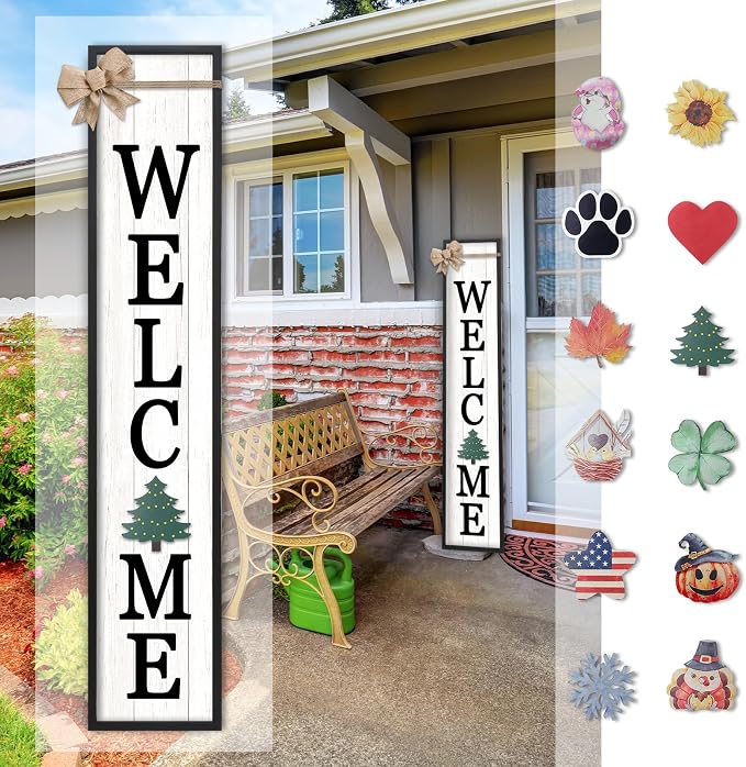 Interchangeable Welcome Sign for Front Door Standing, 45"X9" with 12 Pcs Replaceable Icons Rustic Outdoor Tall Front Porch Farmhouse Outside Wreath Leaner Vertical Decor (Black)