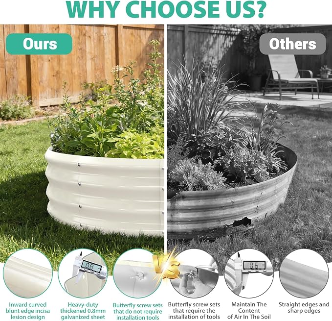 YSEJOMP 3FT Diameter Galvanized Garden Raised Bed/Plant Box/Fire Pit Ring - 0.8mm Thick,12 Inch Tall,Perfect for Planting a Variety of Flowers,Herbs,Vegetables (Cream White, 36 Dia X 12 inches)