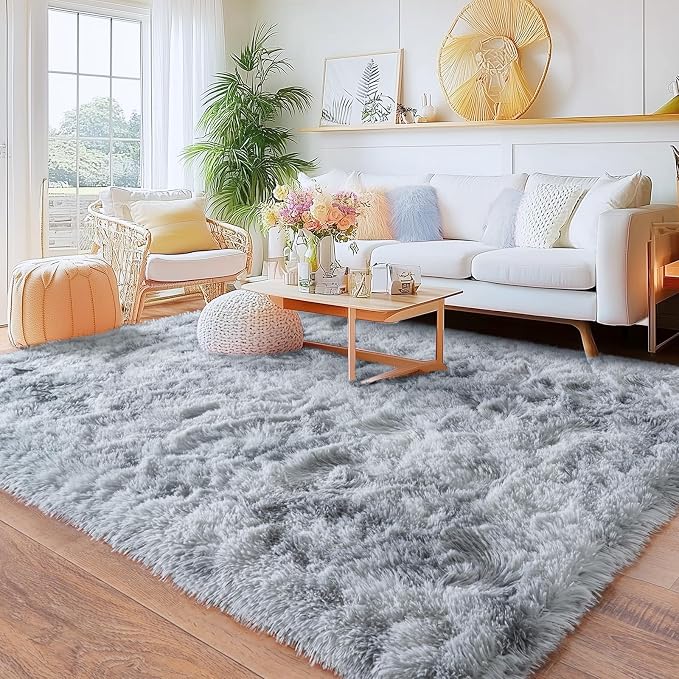 Rugs for Bedroom, Ultra Fluffy Fuzzy Shag 5x7 Area Rug for Living Room, Modern Plush Soft Upgrade Non-Slip Carpet for Kids Girls and Boys, Dorms, Nursery, Home Decor, Tie-Dyed White Grey