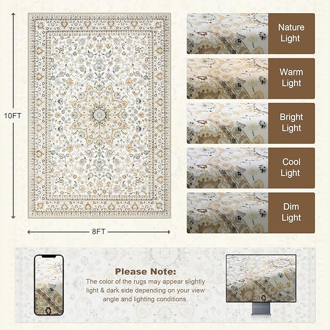 8x10 Area Rugs Living Room: Washable Vintage Rug for Bedroom Beige | Boho No Slip Stain Resistant Rug Soft Indoor Decor Floor Floral Area Rugs for Dining Room, Nursery, Hallway, Home Office