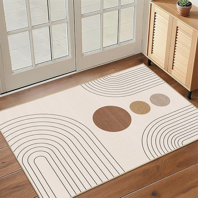 Boho 2x3 Rug for Entryway Modern Geometric Abstract Area Rug Neutral Beige Mid Century Modern Machine Washable Door Mat Contemporary Non-Slip Printed Low-Pile Floor Carpet Kitchen Bathroom Laundry