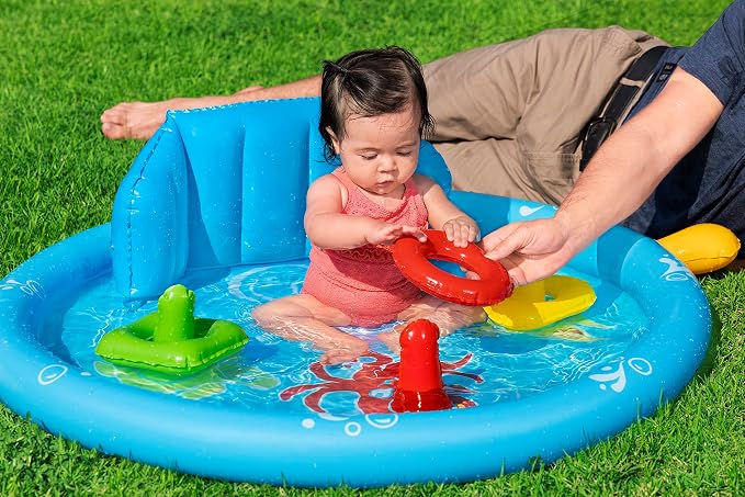 Bestway Seashapes Splash Pad | Baby Sensory Water Pool, with Backrest, Sunshade and Games, 6 Months +