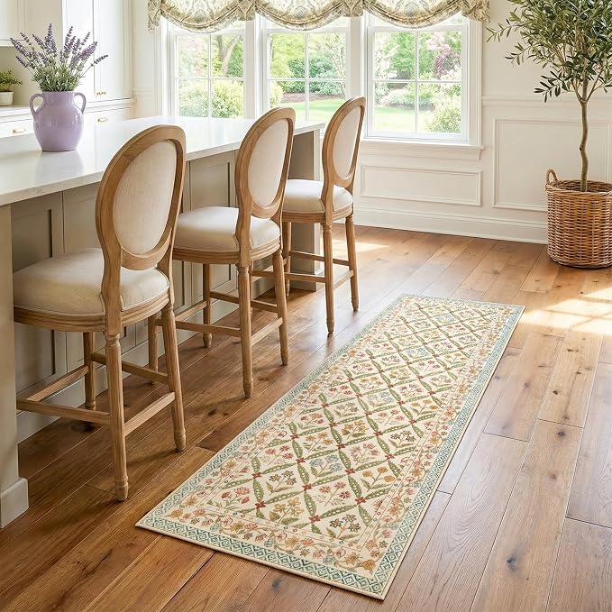 jinchan Runner Rug 2x6 Vintage Floral Washable Hallway Area Rug, Teal Blue | Soft & Lightweight, Checkered Floral, Low Pile, Non Slip, Entryway, Kitchen, Bedside, Laundry Room, Cottage Decor