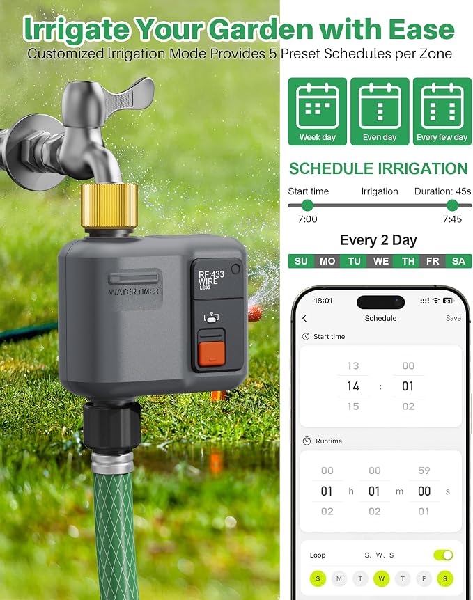 WiFi Water Timer for Garden Hose(2 Valves+1 WiFi Hub),WiFi Sprinkler Controller with 984ft RF Range,Strong Wall Penetration, Alexa&Google Voice/App Control WiFi Hose Timer with Rain Delay,Manual Mode