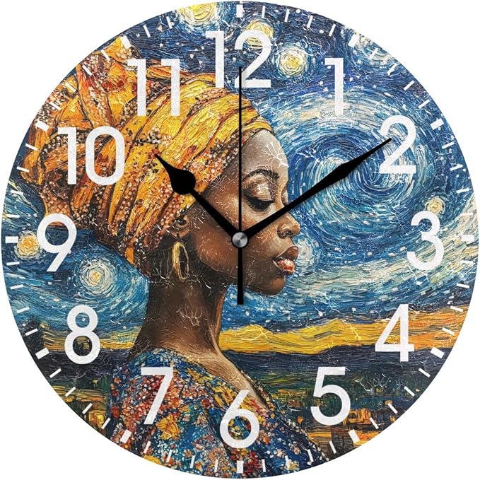 ALAZA Home Decor African Women Starry Sky Round Acrylic 9.84 Inch Wall Clock Non Ticking Silent Clock Art for Living Room Kitchen Bedroom