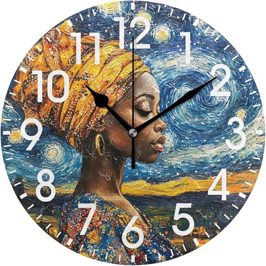 ALAZA Home Decor African Women Starry Sky Round Acrylic 9.84 Inch Wall Clock Non Ticking Silent Clock Art for Living Room Kitchen Bedroom