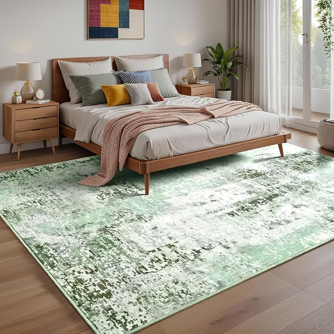 5x7 Green Washable Area Rug for Living Room Bedroom, Modern Abstract Non-Slip Rugs, Low Pile Soft Stain Resistant Carpet for Dining Room, Office, Dorm Decor