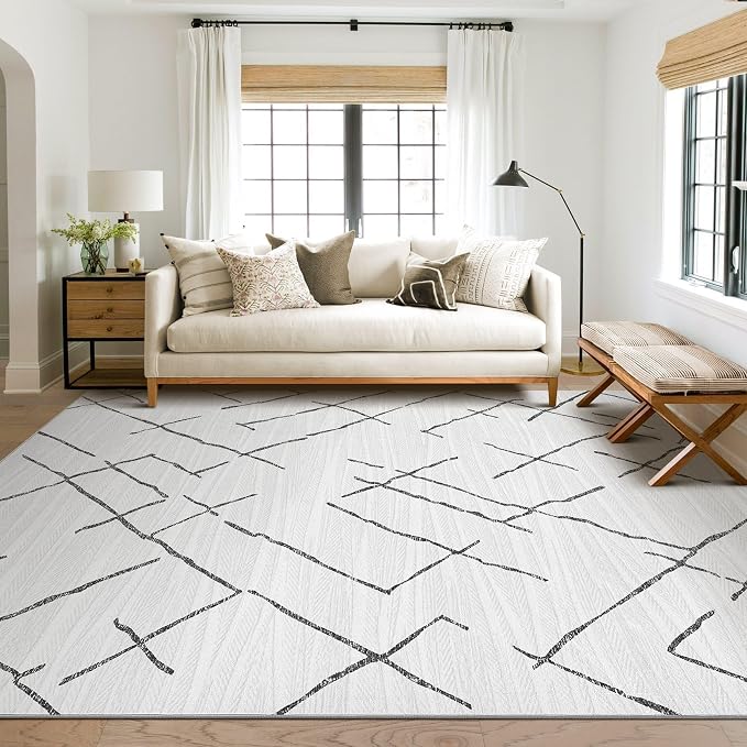 kakania Washable 10x12 Area Rug for Living Room: Boho Geometry Home Decor | Soft Stain Resistant, Low-Pile, Non-Slip, Pet & Kid Friendly, Thin Rug for Bedroom/Dining Room/Kids Dorm - Light Grey