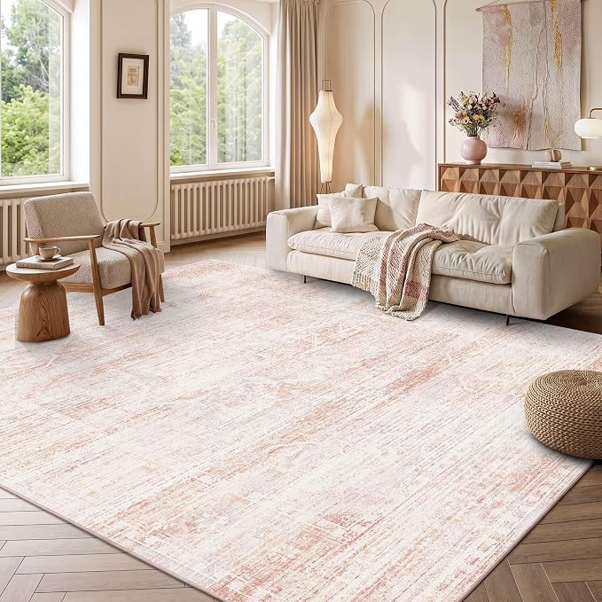 Latte&Fog Large Area Rugs 9x12 for Living Room Washable Cute Pink Rugs | Non Slip Low Pile Soft Floral Carpet for Girls Bedroom Dining Kitchen Kids Playroom Nursery Classroom Dorm Farmhouse Office