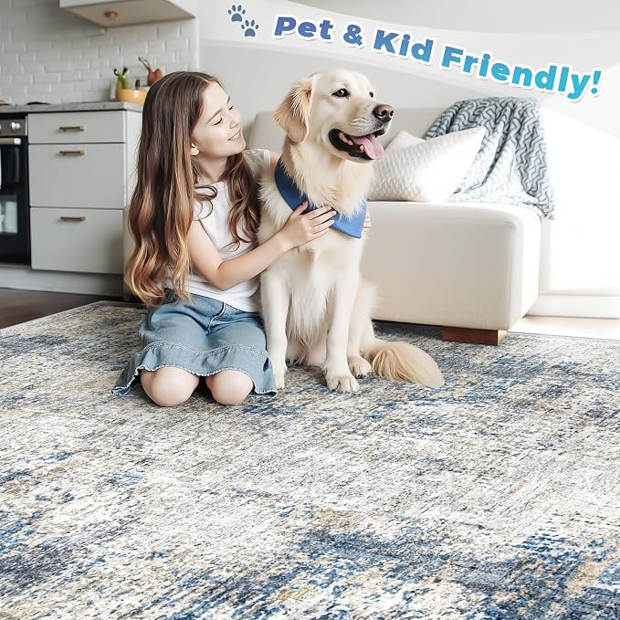 pmtsns Area Rugs 8x10 for Living Room: Washable Rug Modern Abstract Neutral Soft Non-Slip Low-Pile Indoor Large Carpet for Bedroom Dining Room Home Office Children's Room(GreyBlueBrown, 8'x10')