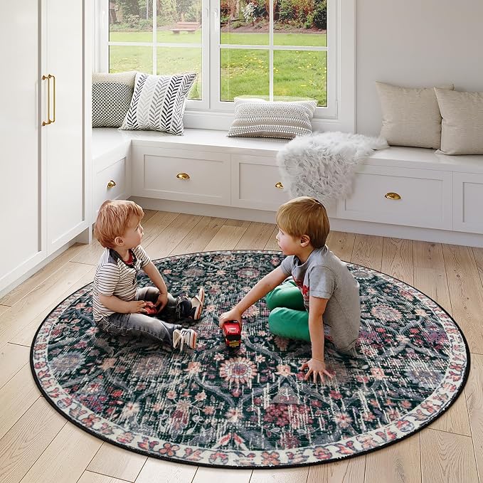 Lahome Moroccan Round Area Rugs, Washable Small Round Rug 3ft Non-Slip | Trellis Soft Vintage Ultra-Thin Circle Carpet for Bedroom Entryway Kitchen Laundry Bathroom Elise Black/Multi