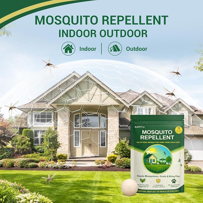 Mosquito Repellent Balls, Outdoor & Indoor Natural Mosquito Repellent for Patio, Yard, Camping, 12 Pack Peppermint Oil & Citronella Oil Mosquito Deterrent, Safe for Kids & Pets