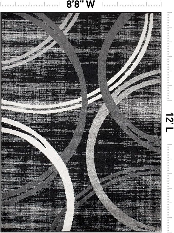 Rugshop Wavy Circles Modern Non-Shedding Large Area Rug Black 8'8" x 12' | High Traffic,Fade Resistant, Living Room, Bedroom, Dining Room, Home Office, Kitchen, Entryway, Hallway, Nursery,Basement