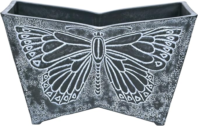 GreenShip 16 Inch Large Resin Flower Pots, Resin Planter Pot with Drainage Hole, Vintage Butterfly Embossed Decorative Garden Pot, Weather-Resistant for Porch, Patio, Indoor Use, Dark Grey