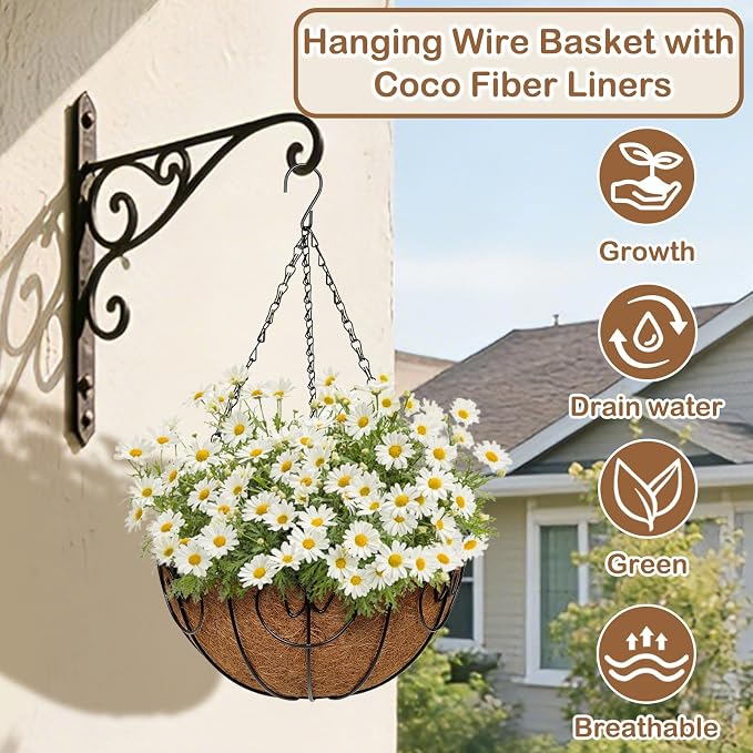 12 inch Metal Hanging Baskets for Plants Outdoor, 4 Pack Metal Wire Hanging Basket Planter with Coco Liner Flower Pots for Indoor Outdoor Garden Porch Patio, Heart-Shaped