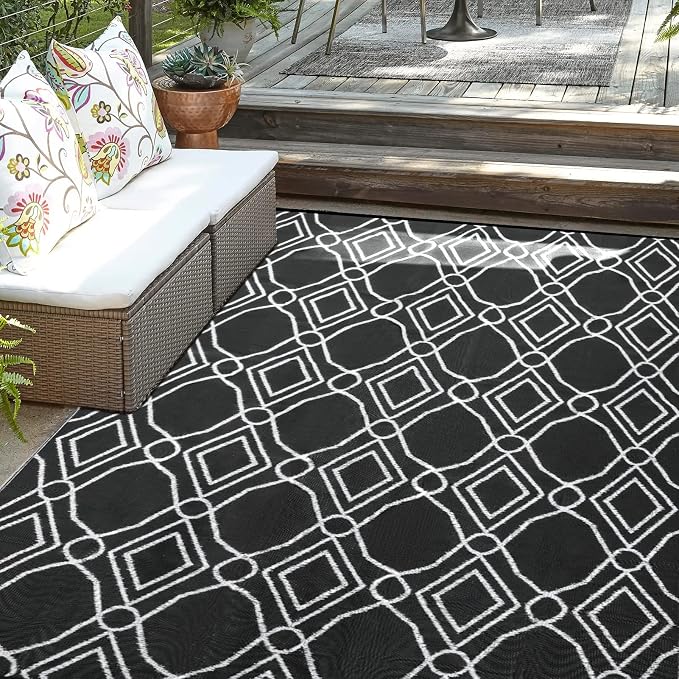 Kohree Outdoor Rug 6x9, Waterproof RV Outdoor Rugs, Reversible Outdoor Camping Rug Patio Rugs Clearance with 4 Corner Loops for RV, Deck, Backyard, Picnic, Easy to Clean & Carry, Black & White