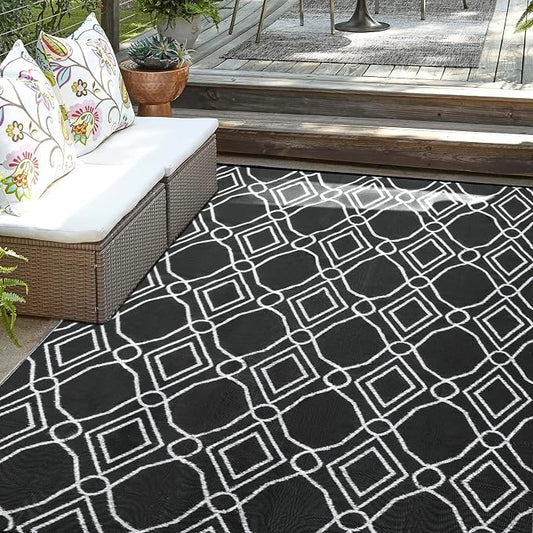 Kohree Outdoor Rug 6x9, Waterproof RV Outdoor Rugs, Reversible Outdoor Camping Rug Patio Rugs Clearance with 4 Corner Loops for RV, Deck, Backyard, Picnic, Easy to Clean & Carry, Black & White