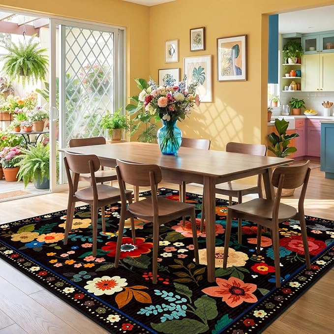 RELEANY Floral Washable Square 6ft Area Rug Black | Flower Carpet, Print, Boho, Non-Slip, Easy to Clean, Soft, Low Pile for Living Room Bedroom Kitchen Office Entryway Hallway