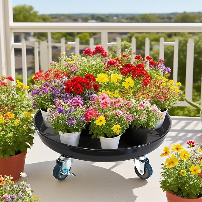 16 Inch Heavy Duty Plant Stand on Wheels, Round Plant Caddy with Wheels for Indoor & Outdoor Use, Metal Rolling Tray for Potted and Small Furniture (Black 2 Pcs)