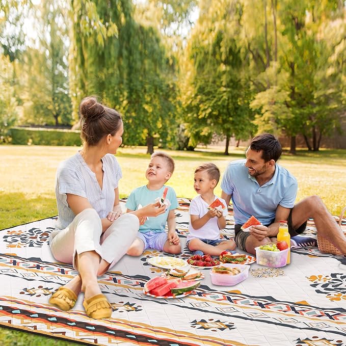 HAUSPROFI Extra Large Picnic Blanket 80"x80" – Waterproof Outdoor Mat for Beach, Camping, Park & Garden, Portable with Carry Strap & 4 Stakes, Machine Washable, Bohemian Pattern