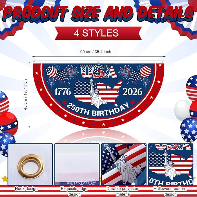 Tudomro 4 Pcs 250th Anniversary USA Bunting Fan Flag for Outdoor 1.5x3 ft 1776-2026 American Anniversary Bunting Flag for Outside 4th of July Patriotic Half Fan Hanging Banner Garden Decoration