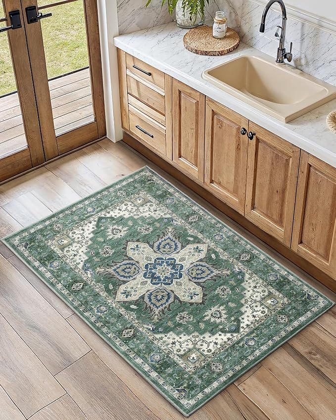 AMADA HOMEFURNISHING 2x4 Washable Area Rug, Low-Profile Entryway Rug with Non-Slip Backing & Durable Edge Binding, Vintage Rug Pattern, Small Rugs for Entryway, Kitchen & Living Room