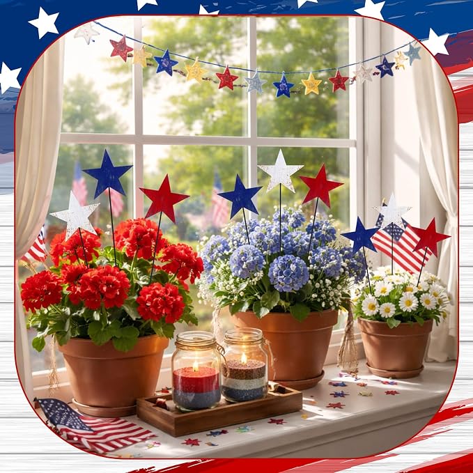 Pickmesh 6 Pcs 12" H 4th of July Outdoor Decor Vintage Patriotic Yard Decor Rustic Red Blue White Outdoor Metal Yard Sign Garden Stake Star 250th Anniversary American for Independence Day Decoration