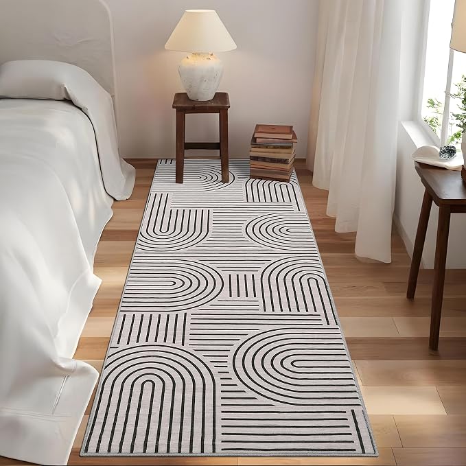 ROYHOME Modern 2.5x10 Hallway Runner Rug Non Slip Kitchen Rug Blackwhite | Abstract Washable Mat, Rainbow Geometric Runners Rugs for Bedroom, Long Rugs for Entryway Arch Pattern Bathroom Laundry Dorm