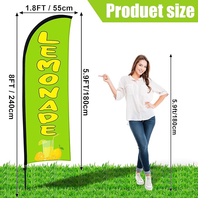 Hahafelt 2 Sets Lemonade Open Feather Flag for Business Advertising 8 ft Feather Flag Sign with Flagpole Ground Stake Portable Bag Lemonade Banner for Outside Park Garden Restaurant (Green)