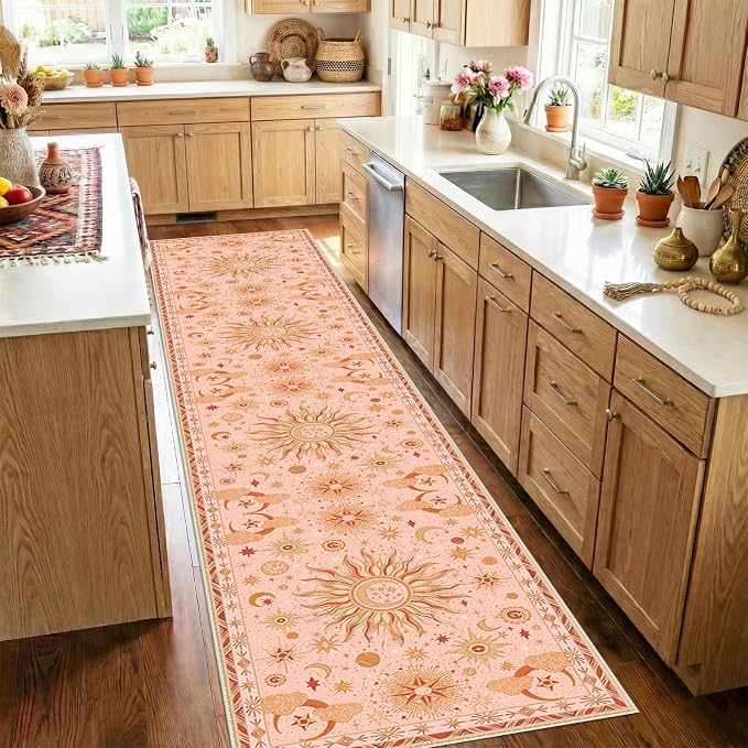 Vacuum-Friendly, 2x10 Washable Area Rug, Pink Gold Beige Red | Sun and Moon Boho Gothic Non-Slip Low Pile Living Roon Bedroom Dining Room Kitchen Entry Entryway Entrance Hallway Doormat