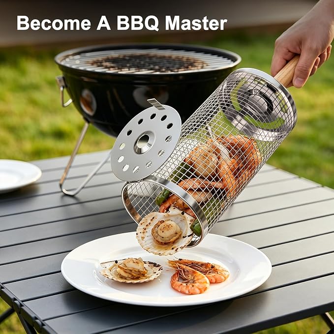 Rolling Grill Baskets 2PCS, Removable Wooden Handle 304 Stainless Steel Nesting BBQ Tools Outdoor Camping Grilling Accessories Tools for Vegetables Meat Food, Birthday Gifts for Men Husband