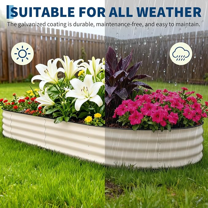 Garvee 2 Pack 10x4x1.5ft Galvanized Raised Garden Bed Kit, Oval Metal Planter Boxes with Anti-Cut Safety Edges, Rust-Resistant Deep Root Planters for Outdoor Vegetables, Flowers, Herbs, Beige