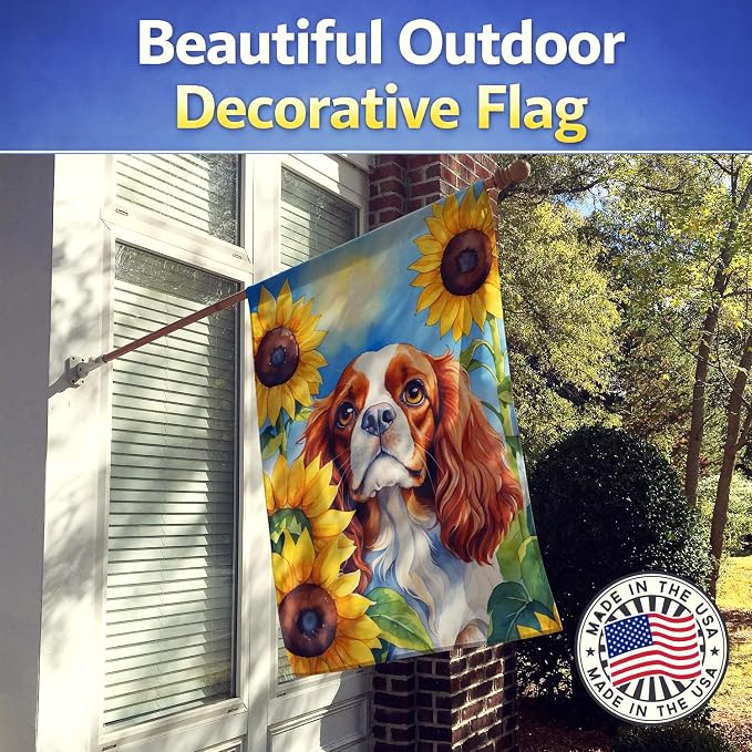 Caroline's Treasures DAC6047CHF Cavalier Spaniel in Sunflowers House Flag Large Porch Sleeve Pole Decorative Outside Yard Banner Artwork Wall Hanging, Polyester, House Size, Multicolor