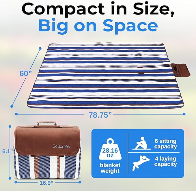scuddles 60" x 80" Extra Large Outdoor Picnic Blanket – Waterproof, Foldable Travel Mat for Beach, Camping, Grass, Lawn, Park – Dual Layer, Sand-Free, Soft Throw Rug Fits 4 Adults, Summer Accessories