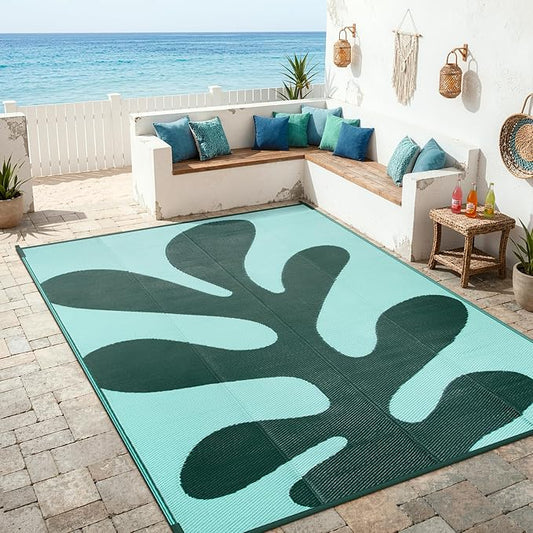 Lahome Plastic Coastal 6x9 Outdoor Rugs for Patios, Cartoon Coral Camping Rugs for Outside Your Rv, Stain Resistant Lightweight Carpet for Beach Picnic Deck, Green 6'x9'