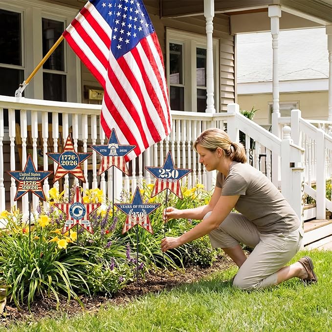 Pickmesh 6 Pcs 250th Anniversary America Yard Sign 4th of July Outdoor Decor 12" H Patriotic Metal Yard Sign Garden Stake Star 250th Anniversary USA 1776-2026 Outdoor Lawn Decor for Independence Day