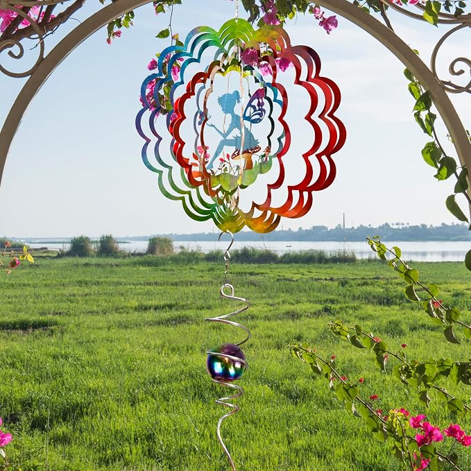 Fairy Wind Spinner - Kinetic Hanging Wind Sculpture | 12-Inch 3D Windcatcher for Garden, Metal Art Yard Decor, Outdoor Ornament & Lovely Gifts for Mother, Wife, Daughter, Girls & Women
