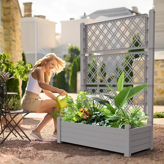 Vixzen 59" Tall Raised Garden Bed,Outdoor Large Resin Planter Box with Trellis and Drain Plug for Climbing Plants,Easy to Assemble,Water Monitor Grey, 43.43"×18.27"×59.29"