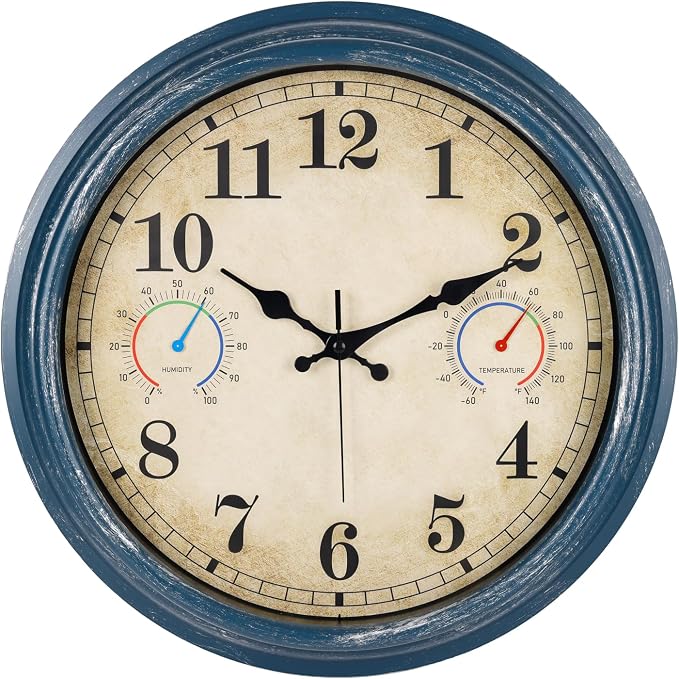 Large Outdoor Clock with Thermometer & Hygrometer Combo, 16 Inch Vintage Blue Coastal Decor Waterproof Indoor Outdoor Wall Clocks for Patio, Pool, Garden, Backyard