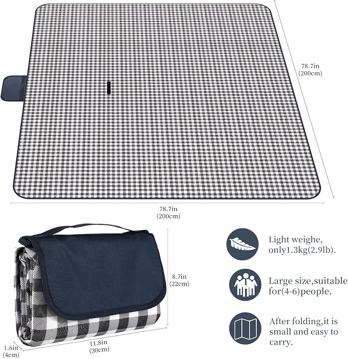 Extra Large Picnic Blanket,78” x 118” Large Camping Blanket,with Handle,Waterproof and sandproof Bottom,Machine Washable,Outdoor Foldable Hiking Blanket，Portable and Easy to Clean (Blue Grid)