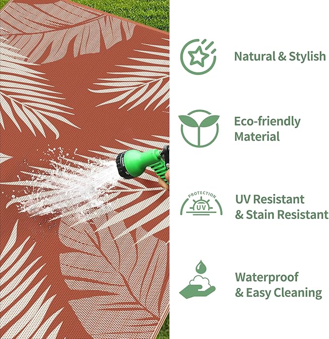 GENIMO Outdoor Rug 8' x 10' Waterproof for Patios Clearance, Reversible Plastic Straw Camping Carpet, Large Area Rugs Mats for RV, Picnic, Backyard, Deck, Balcony, Porch, Beach, Brick&Red