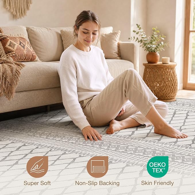 cotiled Boho 5x7 Area Rugs for Living Room: Soft Moroccan Washable Rug | Solve Modern Neutral Trendy Home Decor - Stain Resistan Indoor Carpet for Bedroom Dining Room Beige Gray