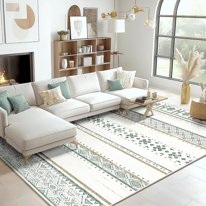 3x5 Washable Area Rugs for Living Room Boho Bathroom Rug Green/Brown | Vacuum Friendly, Machine Washable, Non-Slip Rug, Stain Resistant, Moroccan Geometric, Low Pile Carpet, Entryway Kitchen