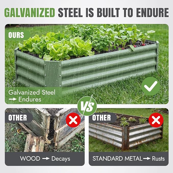 INNO STAGE 2 Pcs 4×2×1ft Galvanized Raised Garden Bed Kit, Galvanized Planter Raised Garden Boxes Outdoor, Large Metal Raised Garden Beds for Vegetables, Flowers, Herbs, OliveGreen