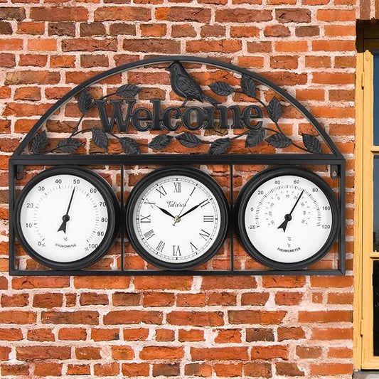 26Inch Large Outdoor Clock,Waterproof Wall Clock with Thermometer and Hygrometer Combo,Weatherproof Non-Ticking Battery Operated Decor Clock for Patio,Garden,Pool,Porch,House Warming Gifts