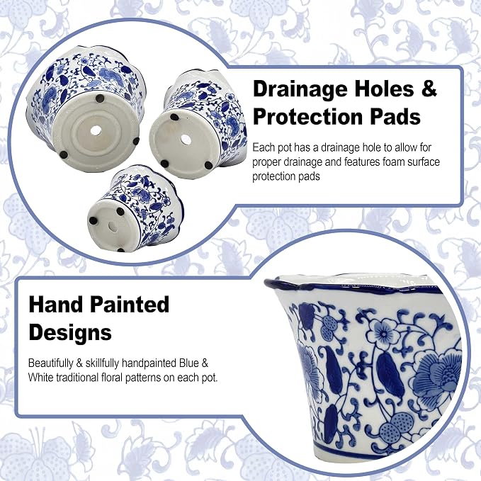 Galt International Blue & White Floral Porcelain Ceramic Decorative Flower Pot 8"/6"/4.5" Garden Pots Chinese Asian Design - Set of 3 Cylinder Fluted Edge