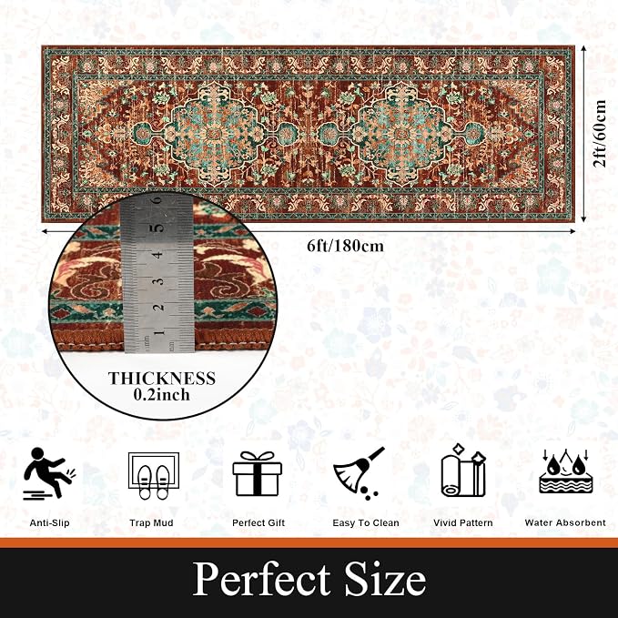 U'Artlines 2' x 6' Boho Hallway Runner Rug, Washable Carpet, Rust＆Teal | Non Slip, Vintage Farmhouse Accent Area Rug Carpet, for Kitchen Entryway Laundry and Living Room