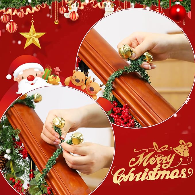 50 Pcs 20 Inches Christmas Garland Ties with Bells Decorative Twist Ties Garland Hanger for Banister Stairs Railing Garden Reusable Flexible Twist for Xmas Holiday Decorations (Gold)