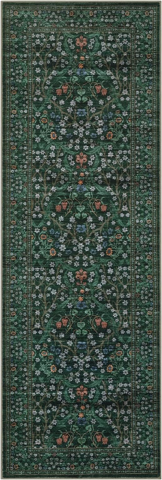GarveeHome Dark Green Floral 2x6 Washable Kitchen Runner Rug | Vintage Stain Resistant Rugs for Entryway Hallway Bedroom Bathroom Low-Pile Non-Slip Soft Botanical Boho Rug TPE Backing
